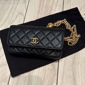 CHANEL Timeless Chain Pouch in Black Caviar Leather with Adjustable Heart Charm